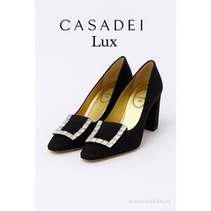 Casadei Lux Vintage Satin Rhinestone Buckle Pumps Black Gold Insole Neiman Size8